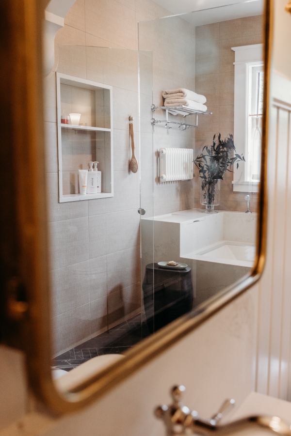 The newly renovated luxury bathroom in Cold Spring MN designed by Discrete Designs