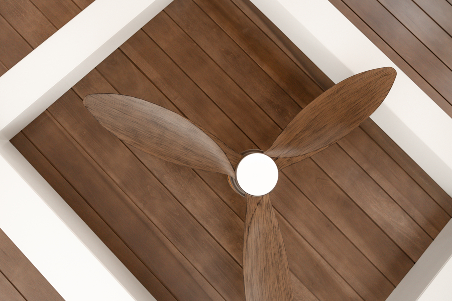 Wood Tray Ceiling with White Beams and ceiling fan
